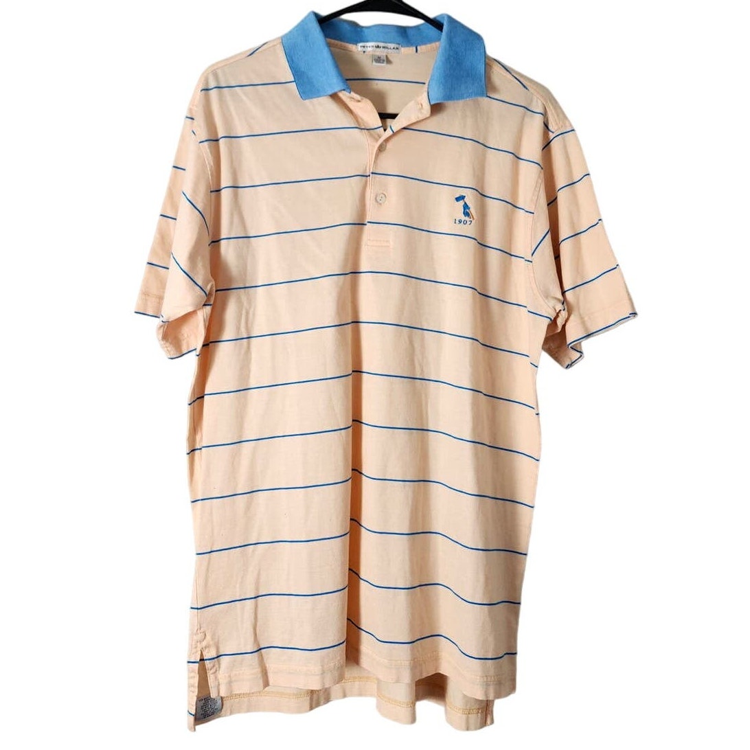 Peter Millar Polo Shirt Men's Size M Short Sleeve Orange Blue Striped Cotton